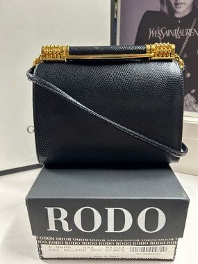 Rodo Black Textured Leather Crossbody Box Clutch with Gold Hardware